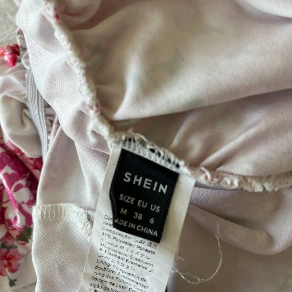 SHEIN Pink and White Medium Floral Ruffle Sleeve Fitted Spring Dress - Picture 5 of 5